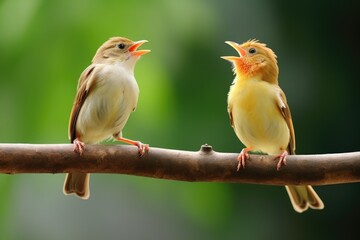 two birds on a branch, one singing to the other