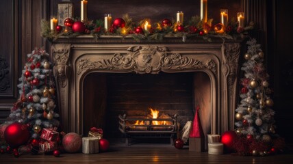 Festive Daytime Fireside Scene - Cozy Armchair in Empty Christmas Room with Copy Space, Gorgeous Background, Gift Box, Bright Candle, and Cheerful Celebration V - obrazy, fototapety, plakaty