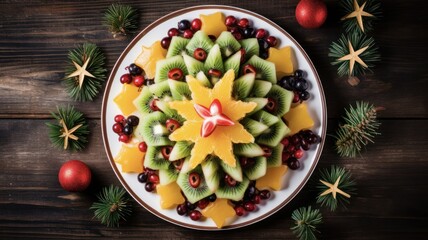 Festive Fruit Salad Tree with Blue Decorations for a Seasonal Christmas Background