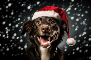 A happy black dog wearing a Santa Claus Christmas hat, isolated on a dark snowy bokeh background