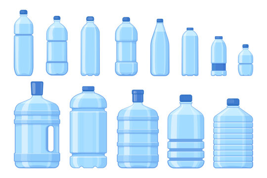 Water plastic bottles. Cartoon empty plastic water bottles, fizzy mineral water containers with lids, wet packaging for delivery. Vector isolated set