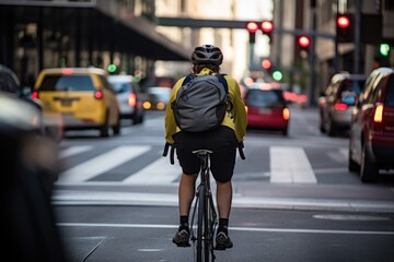 cyclist commuting in a bustling, traffic-filled city environment