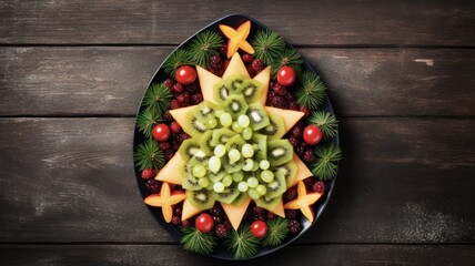 Seasonal Decorative Christmas Background with Fruit Salad in Fir-Tree-Shaped Plate and Blue Tree Branches in Top View Flat Lay