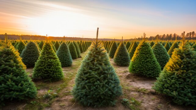 Shopping for Christmas Trees: Aisle of Green Fir Trees on Sale at the Tree Lot Business.