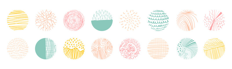 Collection of circle abstract colorful patterns backgrounds. Hand drawn line doodle round shapes, scribble textures. Vector illustration isolated on white background