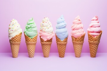 ice cream cones in different flavors lying on a pastel background