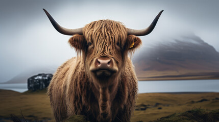 Lovely portrait of Highland cow in Scotland. Fluffy and cute animal. Highland cows are so friendly.
