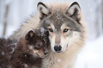 alpha wolf nuzzling a pup in a snowy landscape