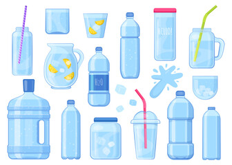 Cartoon water package set. Glass bottles and plastic containers with cold water, beverage natural element. Vector isolated collection