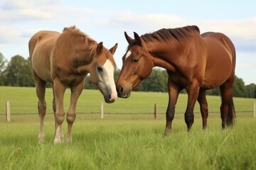 two horses rubbing noses in a pasture