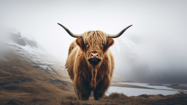 Wonderful portrait of Highland cow in Scottish highlands during moody weather. Iconic animal of Scotland.