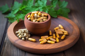 ayurvedic pills in a small wooden bowl