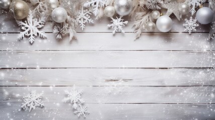 Festive White Wood Christmas Background with Rustic Wall, Frozen Snow, Golden Balls, and Gift Box -...