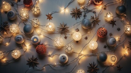 Flatlay of Festive Christmas Lights adorned with Paper Decorations for Garland