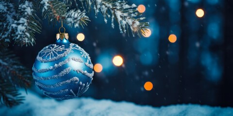 Frosty Holiday Decor: Spruce Branch with Blue Christmas Ornament, Pine Tree and Ice on a Winter Wonderland Scene for Happy New Year and Festive Celebrations. - obrazy, fototapety, plakaty