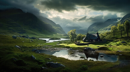 House and place like from fairy tale. Clean and soft reflections in water. Glencoe looking mountains in Scotland.