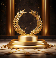 Golden Pedestals With Laurel Wreaths Star Symbol Of Victory Glory And Success
