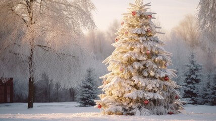 Rustic Decorated Christmas Tree with Presents Under a Snowy Landscape Backdrop