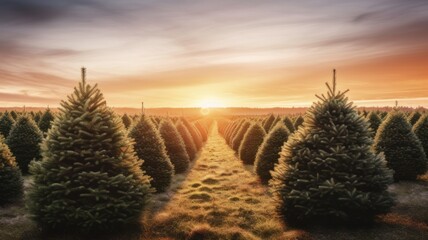 Scenic Christmas Tree Fields: Immaculate Rows of Lush Trees for Holiday Cheer - obrazy, fototapety, plakaty