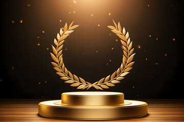 Golden Pedestals With Laurel Wreaths Star Symbol Of Victory Glory And Success - obrazy, fototapety, plakaty