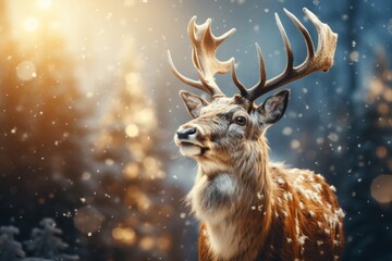 Reindeer on blurred snowy background 