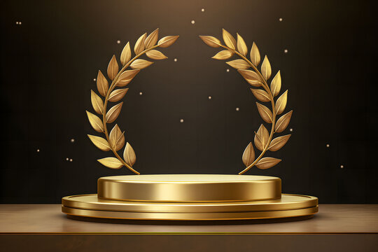 Golden Pedestals With Laurel Wreaths Star Symbol Of Victory Glory And Success