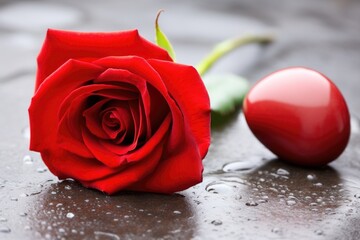a red heart-shaped stone balanced on a petal of a rose
