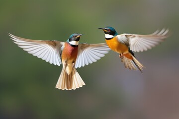 two birds flying together, one slightly ahead of the other