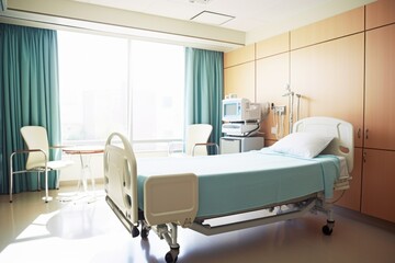 a hospital bed in a well-lit room