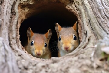 two squirrels, one inside a tree hollow, the other outside