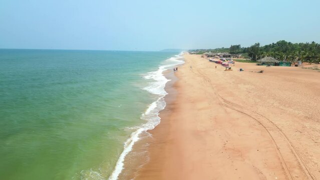 Goa, India: Aerial view of Indian summer resort by Arabian Sea, famous Goa Beaches (Sinquerim, Candolim, Calangute and Baga Beach) - landscape panorama of South Asia from above