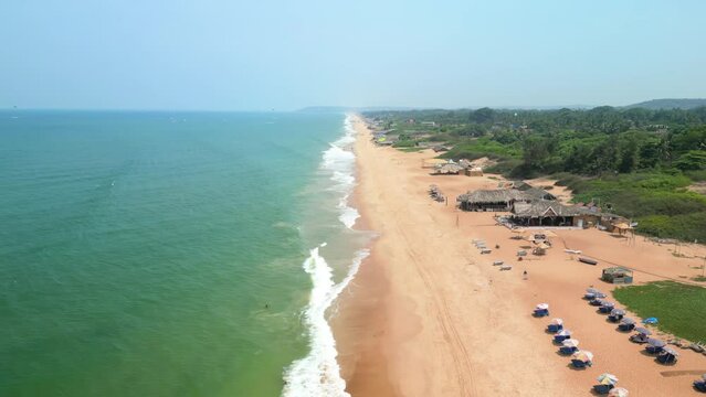 Goa, India: Aerial view of Indian summer resort by Arabian Sea, famous Goa Beaches (Sinquerim, Candolim, Calangute and Baga Beach) - landscape panorama of South Asia from above