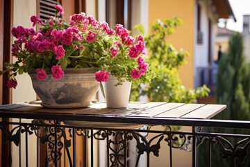 balcony with close up of a wrought iron table and potted flowers