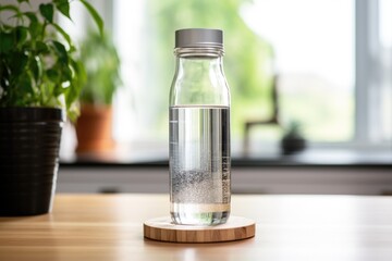 filtered tap water in a glass bottle on countertop