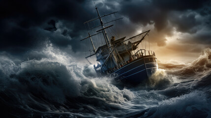 Sailing ship is in distress. Sailboat in a strong storm with large waves. Water element concept, wreck.