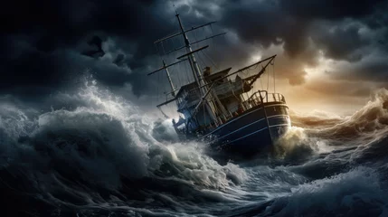 Verduisterende rolgordijnen zonder boren Schipbreuk Sailing ship is in distress. Sailboat in a strong storm with large waves. Water element concept, wreck.