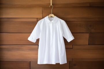 white baptismal garment on a wooden coat hanger