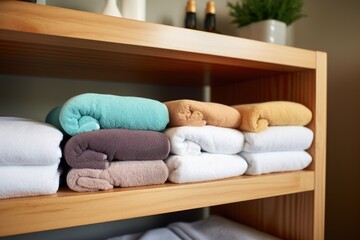Fototapeta na wymiar rolled towels arranged on a shelf