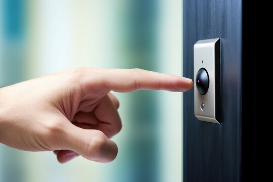 A Finger Pressing A Doorbell Button On A House Door