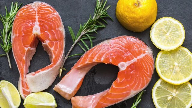 Salmon steaks with rosemary and lemon on black slate board on wooden table. Fish rich in omega 3 fatty acid. Healthy and diet seafood. Keto and low carb food. Top view