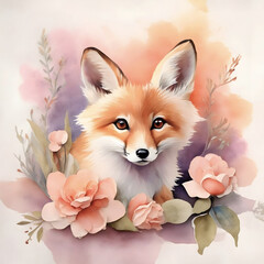 Fototapeta premium Watercolor painting of a cute fox amidst beautiful flowers. Illustration of woodland animal for design, greeting cards, invitations, template or wall art