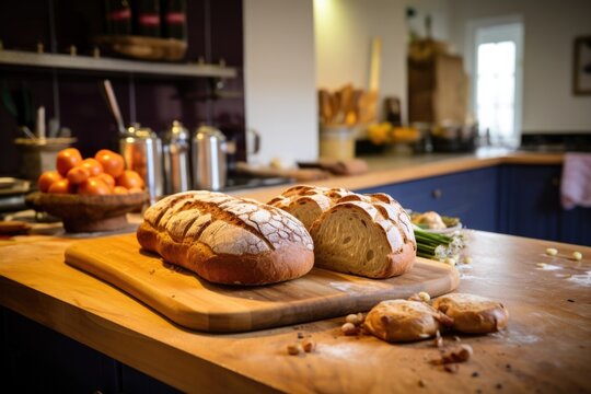 freshly baked bread on a board in a b&b kitchen