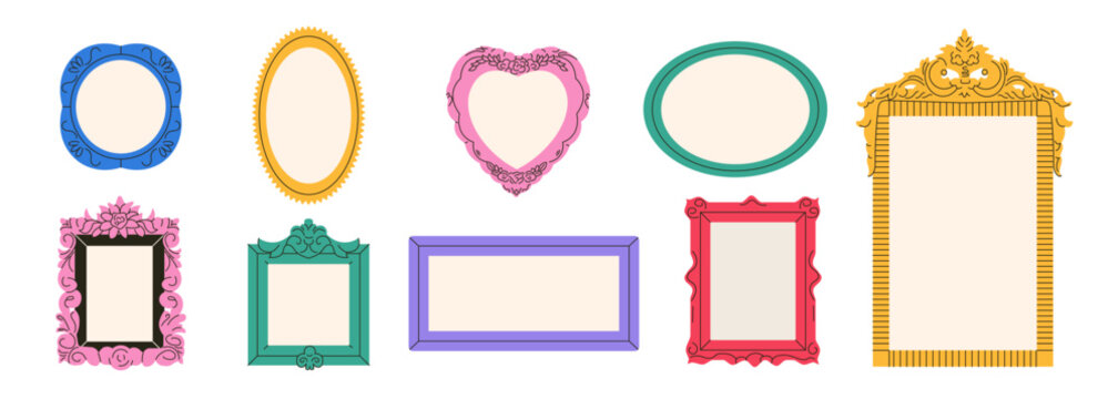 Set of colorful abstract frames or mirrors in retro style. Different shapes vintage photo picture frame design. Modern flat vector illustration isolated on white background