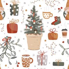Seamless pattern. A cozy winter ornament with mistletoe, mugs, cups of tea, Christmas tree branches, snowflakes, New Year sweets, socks, and presents. Vector graphics