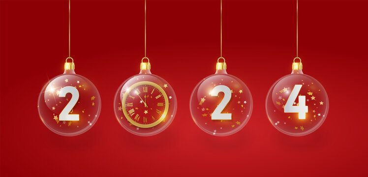 2024 Happy New Year in golden red. 2024 Golden metal number in glass bauble, decoration. Realistic 3d render metallic sign. Xmas Poster, banner, cover card, brochure flyer. Vector