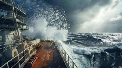Foto op Plexiglas Schipbreuk The deck of a ship is flooded with water during a storm. The ship's deck is flooded. Natural disaster concept.