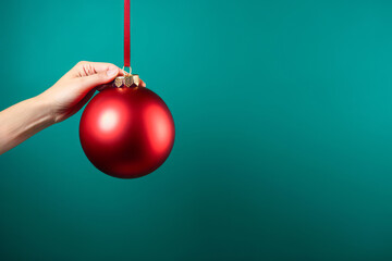 Woman's hand with big red Christmas ball hanging on red ribbon on green background