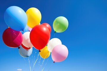 a group of balloons in various colors against a blue sky