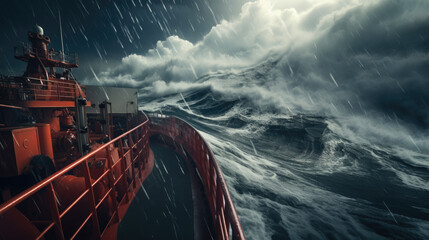 The deck of a ship is flooded with water during a storm. The ship's deck is flooded. Natural disaster concept. - obrazy, fototapety, plakaty