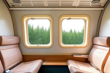 cabin interior with empty seats and closed window blinds